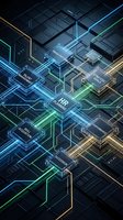 Futuristic computer processors with glowing circuit pathways in blue and green neon lights showcasing advanced semiconductor technology and digital innovation.