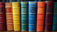 Row of vintage hardcover books with colorful fabric spines in yellow, blue, green, orange and burgundy shades standing on shelf, showing classic library collection.