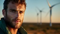 Young bearded Caucasian male engineer at wind farm during golden hour sunset. Renewable energy worker portrait with turbines in background for sustainability concepts.