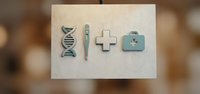 Medical healthcare icons set with DNA helix, thermometer, cross and first aid kit on textured paper background for health design projects.