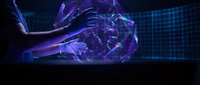Futuristic digital hands reaching toward glowing holographic sphere with network connections in cyberpunk style technology concept for AI and virtual reality.