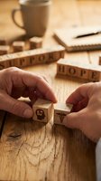 Hands holding wooden blocks with medical symbols on rustic desk with notebook, coffee mug, and hope word blocks for healthcare, wellness, and medical business concepts.