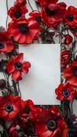 Red anemone flowers frame blank white paper on dark background. Floral mockup layout with copy space for wedding invitation, greeting card or menu design.
