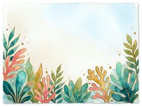 Watercolor botanical border with coral and tropical leaves in teal, pink, and gold tones on a light background with copy space.