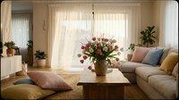 Cozy modern living room interior with neutral sofa, colorful pillows, fresh flowers on wooden coffee table, natural light from large windows.