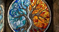 Stained glass tree of life window with vibrant blue and orange seasonal foliage in circular stone frame for spiritual and decorative interior design.