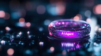 Glowing purple ring with AI Agent text on dark reflective surface with bokeh lights creates futuristic technological mood. Artificial intelligence concept.