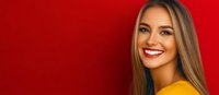 Young woman with bright smile wearing yellow sweater against vibrant red background. Professional portrait with natural makeup and long straight blonde hair.