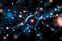 Glowing neuron cell with synaptic connections on dark background with bokeh lights and energy particles, representing neural network and brain activity in science.
