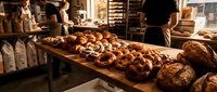 Artisan baker arranging fresh baked bread loaves on wooden table in traditional bakery kitchen with warm lighting and flour sacks in background.