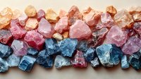 Raw colorful mineral crystals arranged in gradient from pink and peach to deep blue and purple tones on white background, natural gemstones in rough form.