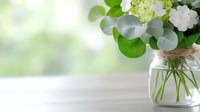 Fresh hydrangea and eucalyptus arrangement in glass jar on wooden table with soft natural light background, creating serene home decor atmosphere.