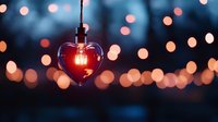 Glowing heart-shaped glass pendant lamp with vintage filament bulb against blurred bokeh lights background creates romantic atmosphere. Perfect for Valentine's Day designs.