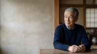 Senior Asian man with gray hair wearing dark blue sweater, sitting at wooden table in minimalist interior with neutral wall background, contemplative expression, suitable for lifestyle and portrait use.