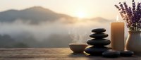Zen spa composition with stacked stones, burning candle and lavender flowers on wooden table against mountain sunrise backdrop for wellness meditation.