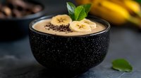Creamy banana smoothie bowl topped with fresh banana slices, chocolate sprinkles and mint leaves in black textured bowl on dark background. Healthy breakfast concept.