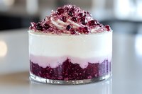 Individual layered dessert with purple berry crumble base, smooth white cream center, and topped with crystallized berry pieces in clear glass serving cup.