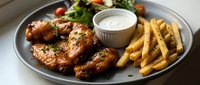 Crispy golden chicken wings served with seasoned french fries, fresh salad and creamy dipping sauce on gray plate for restaurant menu or food delivery.