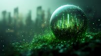 Futuristic green glowing sphere with digital city inside, surrounded by sparkling particles against blurred urban skyline background.
