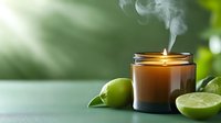 Aromatic candle with fresh lime fruits and green leaves on blurred natural background, soft sunlight streaming through smoke for spa and wellness.