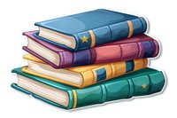 Stack of colorful hardcover books with gold decorative elements and star details on spines, arranged in casual pile. Illustration style suitable for educational materials.