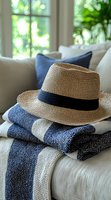 Straw fedora hat with black band rests on folded blue and white striped throws on white couch, sunlit window creates soft bokeh background effect.