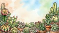 Watercolor illustration of various cacti and succulents arranged in terracotta pots against soft pastel background, suitable for botanical art, home decor, gardening projects, and nature-themed designs.