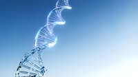 DNA double helix structure in transparent glass material against blue gradient background for medical and scientific research applications.