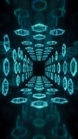 Futuristic holographic tunnel with glowing cyan geometric shapes creating perspective depth for sci-fi technology concepts and digital transformation projects.