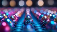 Macro photography of water drops on reflective surface with colorful bokeh lights creating magical atmosphere. Pink and blue neon reflections show abstract pattern.