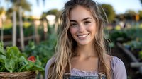 Young woman with blonde hair smiling in community garden wearing overalls and purple top, surrounded by fresh vegetables and greenery in natural sunlight.