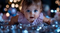 Adorable baby girl in pink dress lying among holiday decorations and sparkling lights, creating magical festive atmosphere with dreamy bokeh effect.