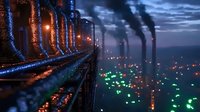 Industrial night landscape with illuminated factory chimneys emitting steam, glowing blue lights on building structures, and scattered green and orange lights below creating atmospheric scene.