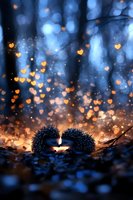 Two hedgehogs silhouetted against magical forest backdrop with glowing heart-shaped bokeh lights creating romantic atmosphere in blue and orange tones at dusk.