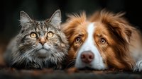 Adorable tabby cat and Australian shepherd dog lying together as best friends, showcasing interspecies friendship and companionship in warm lighting.
