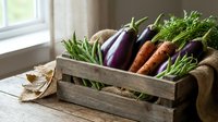 Fresh organic vegetables in rustic wooden crate on farmhouse table with natural window light for healthy cooking and farm-to-table dining concepts.