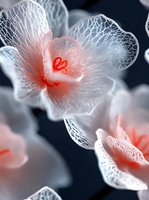 Delicate white lace-like flower petals with coral pink centers create an ethereal pattern against dark background, showcasing intricate organic network structures.