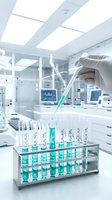 Laboratory scientist hand in white glove using pipette to add turquoise solution to test tubes in modern research facility for chemical analysis and experiments.