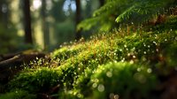 Sunlit moss and tiny wildflowers on forest floor with morning dew drops creating magical bokeh effect in peaceful woodland setting.