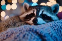 Adorable raccoon resting on blue knitted blanket with soft bokeh lights in background, close up portrait showing expressive eyes and distinctive facial markings.