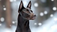 Alert black dog with pointed ears gazes intently against snowy winter forest background with soft bokeh effect, capturing noble profile and attentive expression.