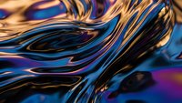 Flowing metallic liquid waves with iridescent blue and gold reflections creating dynamic abstract patterns for modern digital art and luxury design projects.