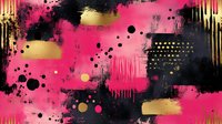 Abstract grunge background with pink black gold paint splatters drips and geometric elements for modern artistic design projects.