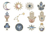 Celestial and mystical symbols collection featuring crescent moon, sun, eye, hamsa hand, constellation, potion bottle, and ornamental elements isolated on white background, ready for design projects, tattoo inspiration, and decorative applications.