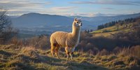 Majestic llama standing on mountain hillside at sunset, golden light illuminating wool coat against dramatic mountain landscape and rolling hills in background.
