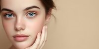 Young woman with blue eyes and natural makeup touching face against neutral beige background, showcasing clean skincare and subtle beauty look.