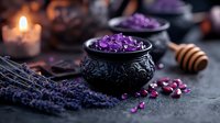 Purple healing crystals in ornate black bowl with dried lavender sprigs, honey dipper and glowing candle on dark surface. Spiritual wellness concept.