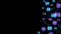 Digital communication network with glowing social media icons and messaging symbols on black background for technology and connectivity concepts.