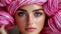 Young woman with bright blue eyes and pink hair looking directly at camera with confident expression against soft pink yarn background. Artistic beauty portrait.