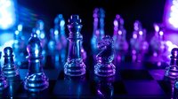 Glass chess pieces on board with dramatic blue and purple lighting creating strategic game atmosphere for business concepts and competition themes.